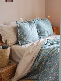 Heritage Bloom - Lenjerie de pat 6 piese din bumbac natural, cu print floral și dungi fine crem