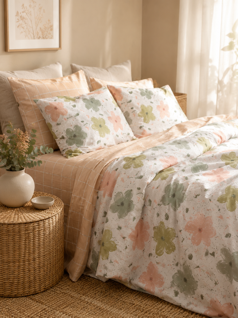 Lenjerie de pat 6 piese din bumbac, cu print floral grafic și pătrate somon | Blooming Sunday