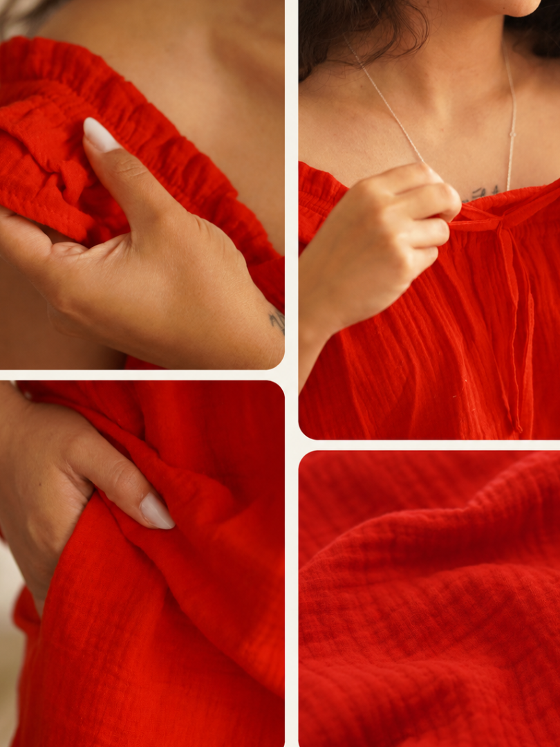 detalii pijama din muselină roșie Cotton Therapy noua colecție detalii pijama din muselină roșie Cotton Therapy noua colecție