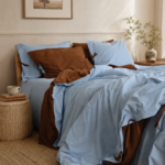 Lenjerie de pat Cocoa Sky | set 6 piese din bumbac prespălat bleu și ciocolată