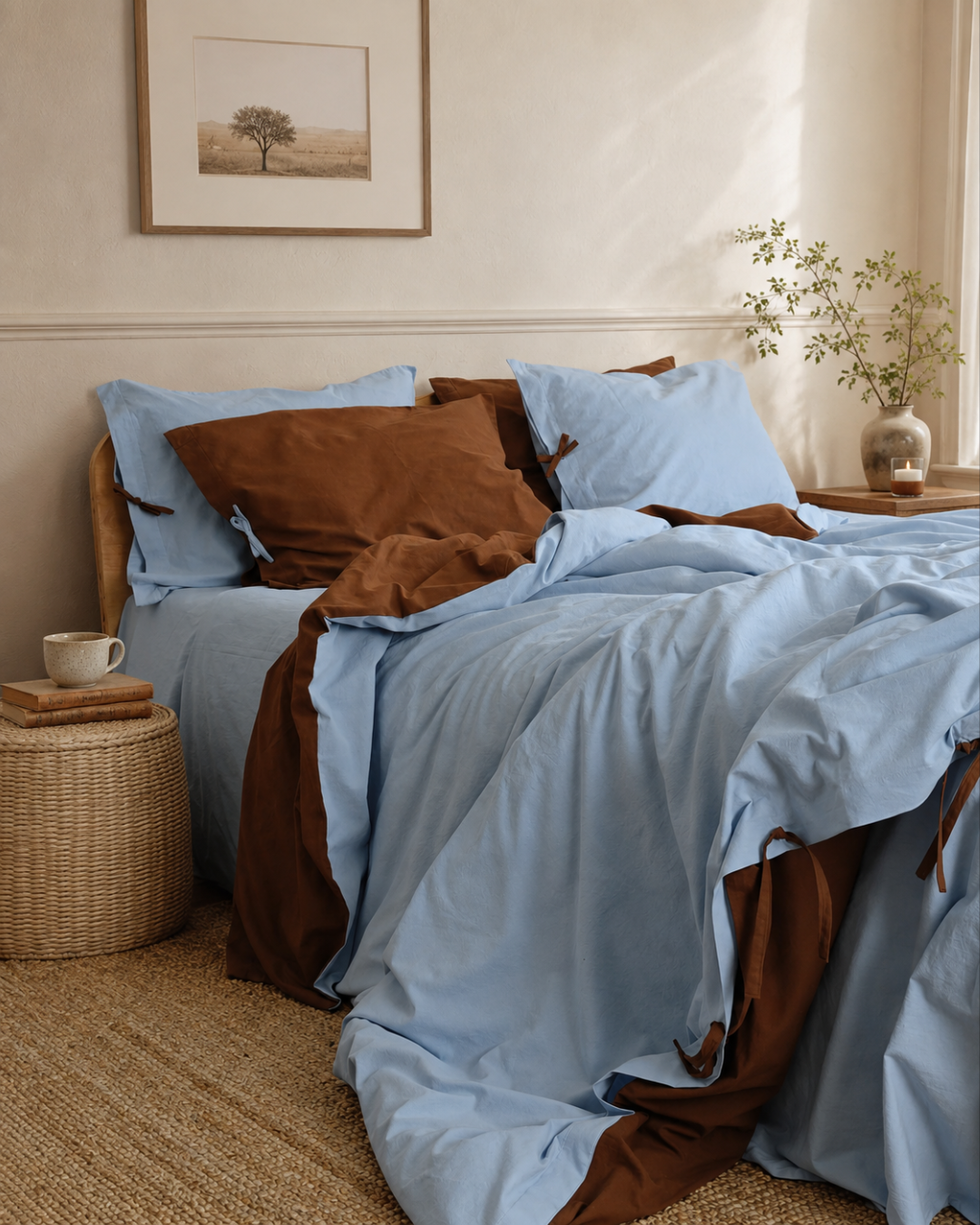 Lenjerie de pat Cocoa Sky | set 6 piese din bumbac prespălat bleu și ciocolată