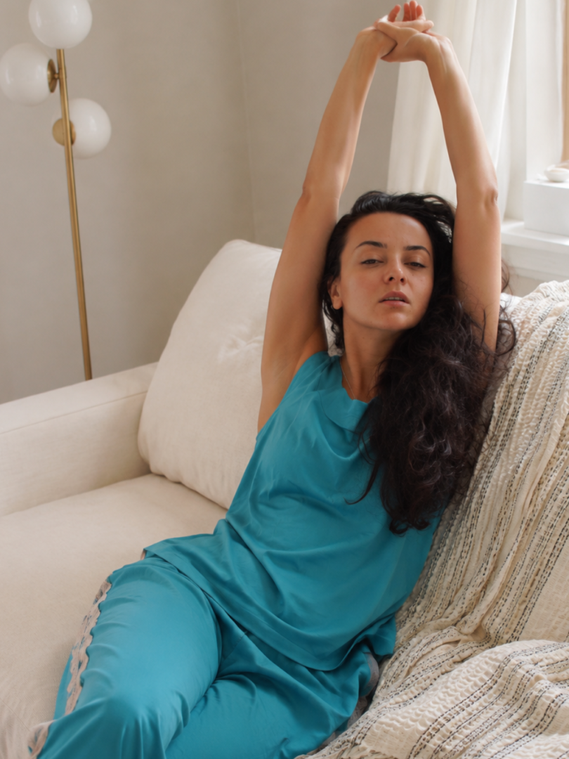 pijama Cotton Therapy, albastră din bumbac dublu satinat