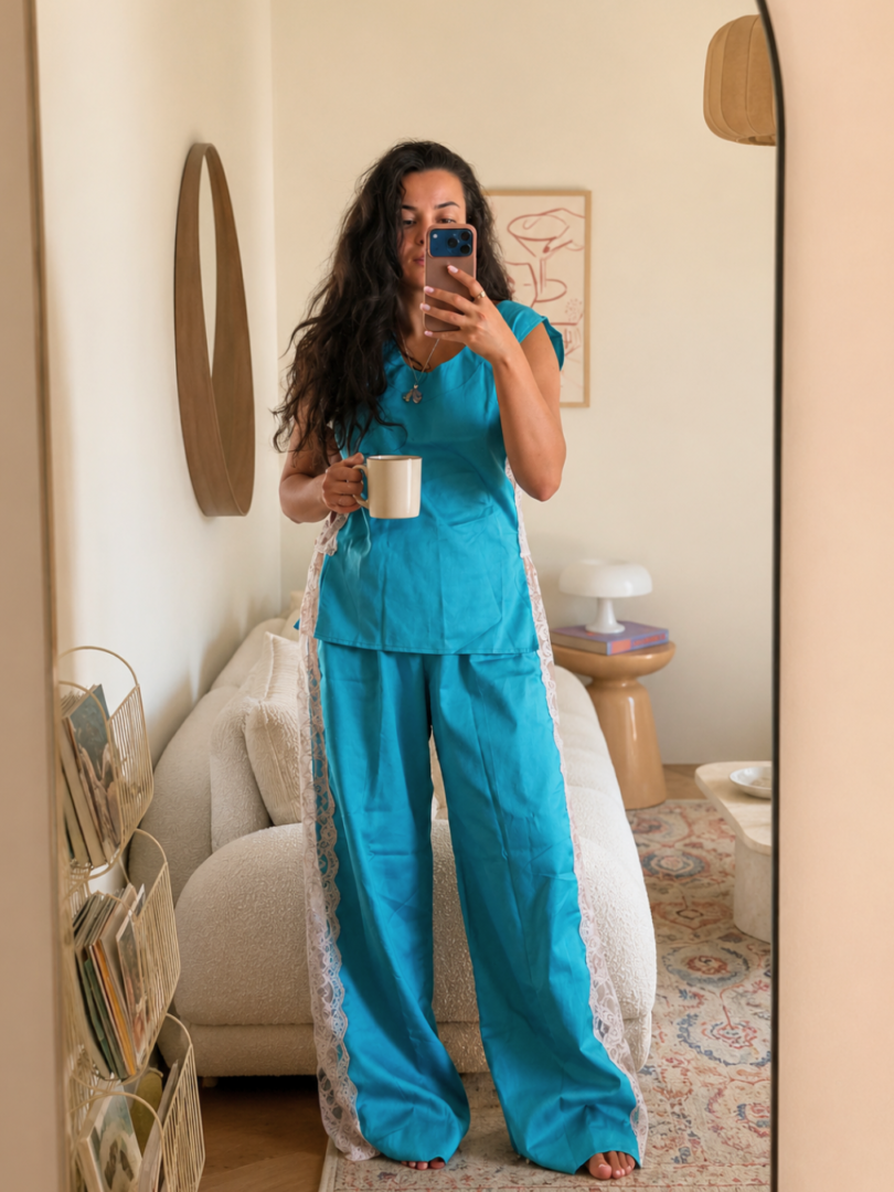 pijama din bumbac dublu satinat, albastru turcoaz, Cotton Therapy, business românesc, lenjerii de pat și pijamale
